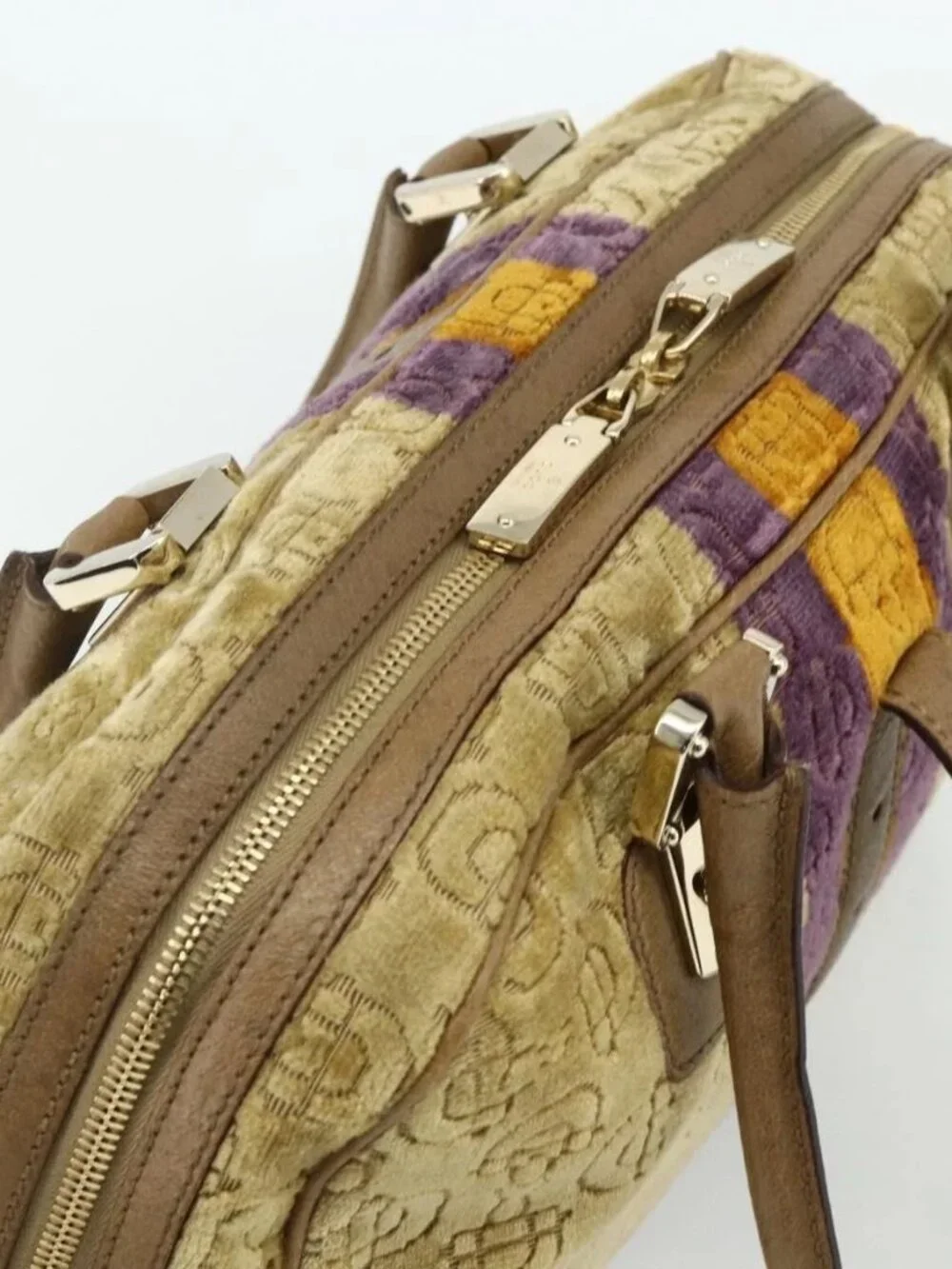 GUCCI Horsebit Boston Bag Velor Gold Beige 145770 Auth 176490V